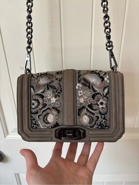 Authentic Rebecca Minkoff Small Love Crossbody Grey Suede Floral Embroidered Bag